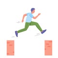 Young man jumping between walls. Free running, parkour, extreme sport. Male street racer. Vector
