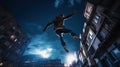 Young man jumps from the roof, Parkour or base jumping trick of an action stuntman. Generated AI.