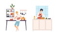 Young Man in Kitchen Cooking Meal and Preparing Food at Home Vector Set
