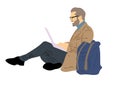 A young man with a laptop and a backpack is sitting on the floor. flat cartoon illustration