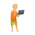 Young man with laptop computer. Distant work and freelance concept cartoon vector illustration Royalty Free Stock Photo