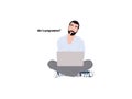 Young man with laptop, programmer isolated on white background. Flat cartoon vector illustration.