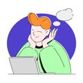 Young Man at Laptop Thinking with Empty Thought Bubble Vector Illustration Royalty Free Stock Photo