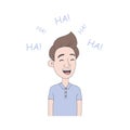 Young man laughs. Hand drawn illustration of boy with laughter emotion in cartoon style.