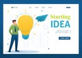 Young man launches a business idea, a business startup. Brainstorm business ideas. Flat 2D character. Landing page concepts and