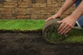 Young man laying grass sod on ground at backyard, closeup. Space for text Royalty Free Stock Photo