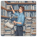 A young man is in a library, surrounded by multiple stacks of books, both on shelves Royalty Free Stock Photo