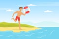 Young Man Lifeguard Running with Lifebuoy Supervising Safety Vector Illustration