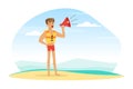 Young Man Lifeguard in Sea Vest Shouting in Megaphone Supervising Safety Vector Illustration