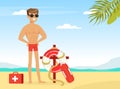 Young Man Lifeguard in Sunglasses and with First Aid Kit Supervising Safety Vector Illustration