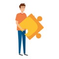 young man lifting puzzle game piece Royalty Free Stock Photo