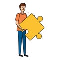 young man lifting puzzle game piece Royalty Free Stock Photo