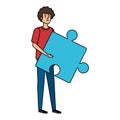 young man lifting puzzle game piece Royalty Free Stock Photo