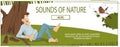 Young man listens to birdsong in park. Concept for website.Funny people