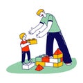 Young Man and Little Boy with Autism Syndrome Building Tower of Constructor Blocks. Father with Son or Teacher