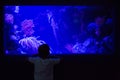 Young man looking at algae tank in a darkest room