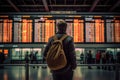 Young Man Looking at Arrival and Departure Information Display Looking for His Flight.AI generated Royalty Free Stock Photo