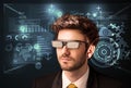 Young man looking with futuristic smart high tech glasses Royalty Free Stock Photo