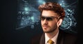 Young man looking with futuristic smart high tech glasses Royalty Free Stock Photo