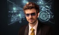 Young man looking with futuristic smart high tech glasses Royalty Free Stock Photo