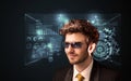 Young man looking with futuristic smart high tech glasses Royalty Free Stock Photo