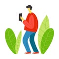 Young man looking at ipad. Addiction on the smartphone and the Internet. Social networks. Virtual communication. Vector