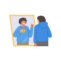 Young man looking in the mirror, in reflection the best sportsman with first place medal, Believe in yourself vector