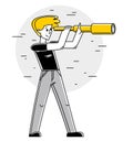 Young man looking for opportunities using spyglass vector outline illustration, leader entrepreneur search for benefit in