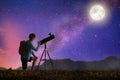 Young man looking at stars through telescope Royalty Free Stock Photo