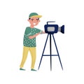 Young man looking through video camera on tripod. Cameraman making movie with professional equipment. Flat vector design Royalty Free Stock Photo