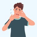 Sad boy with pimples and acne on his face. Teenage problems or fungal skin lesions. Dermatological diseases vector graphics