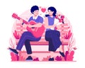A Young Man in Love Sitting on a Park Bench Is Playing Guitar for His Girlfriend. Happy Romantic Couple in Relationship Celebrate Royalty Free Stock Photo