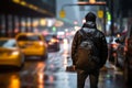 young man with luggage walks along the road next to a taxi generative ai