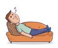 Young man lying on a sandy-colored couch takes a nap. Guy sleeping on a sofa. Cartoon character vector illustration Royalty Free Stock Photo