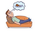 Young man lying on a sandy-colored couch thinks about the food. Hungry guy dreams about piece of chicken. Cartoon