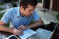 A young man makes a business plan for his personal business. Royalty Free Stock Photo