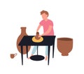 Young man making pots with clay. Pottery and ceramics. Cute funny man and his pastime activity or creative hobby