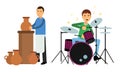 Young Man Making Pottery and Playing Percussion Instrument Vector Illustration Set