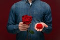 Young man making wedding proposal holding one red rose and box with engagement ring Royalty Free Stock Photo