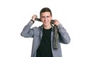 A young man in a Manatee shirt, black t-shirt and trousers, isolated on white Royalty Free Stock Photo