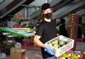 Man in mask working at mango warehouse Royalty Free Stock Photo