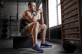 young man with medicine ball in gym Royalty Free Stock Photo