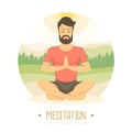 Young man meditation in lotus position on beautiful nature landscape. Royalty Free Stock Photo