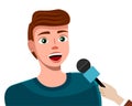 Young man with microphone, news reporter or show host. Cartoon vector character broadcaster