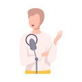 Young Man with Microphone Talking or Singing in Studio Flat Vector Illustration Royalty Free Stock Photo