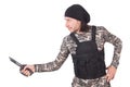 Young man in military uniform holding knife Royalty Free Stock Photo