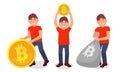 Young Man Mining Bitcoin as Virtual Money Vector Illustration Set Royalty Free Stock Photo