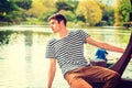 Young Man missing you, waiting for you at Central Park, New York Royalty Free Stock Photo