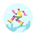 Young Man in Modern Fashioned Clothing and Cap Jumping on Skateboard. Skateboarder Male Character, Skateboarding