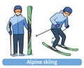 A young man with mountain ski, standing and in motion. Alpine skiing, extreme winter sport, active recreation. Vector